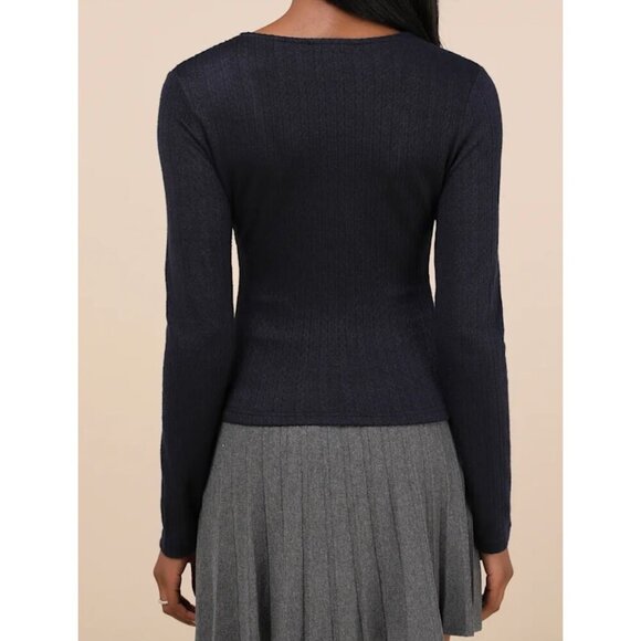 Lulus NWT Simple Adoration Pointelle Scoop Neck Sweater in Navy Blue Size Medium - Picture 12 of 12